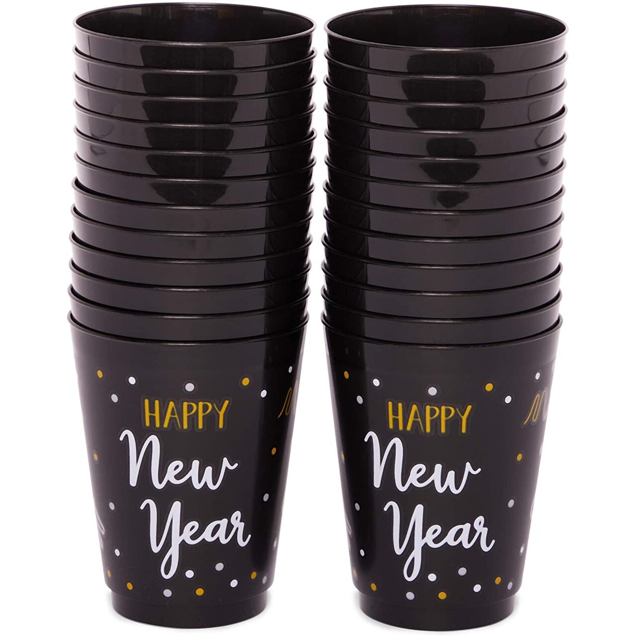 Happy New Year Party Cups, Reusable Plastic NYE Party Supplies (Black, 16 oz,  24 Pack)